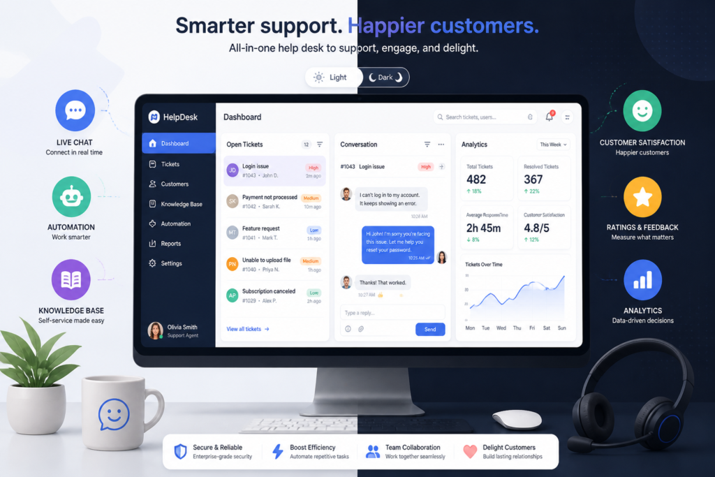 A professional illustration of a customer support dashboard with tickets, chat icons, and analytics, representing help desk tools for WordPress support.