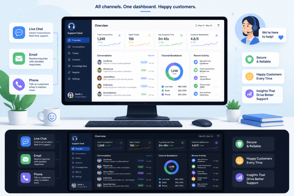 A sleek illustration of a support dashboard on a computer screen with multi-channel icons and customer service elements for WordPress support plugins.