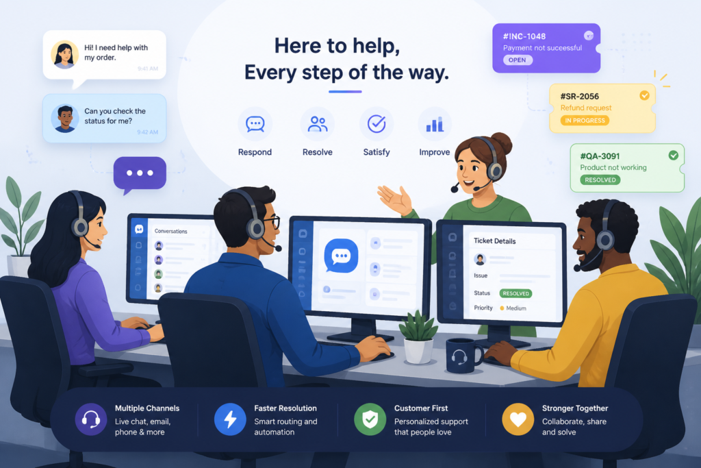 A professional illustration showing a support team managing customer inquiries with multiple communication channels and ticket icons.