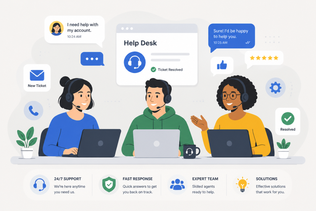 An illustration of a support team managing customer inquiries on digital devices, representing help desk efficiency for WordPress support plugins.