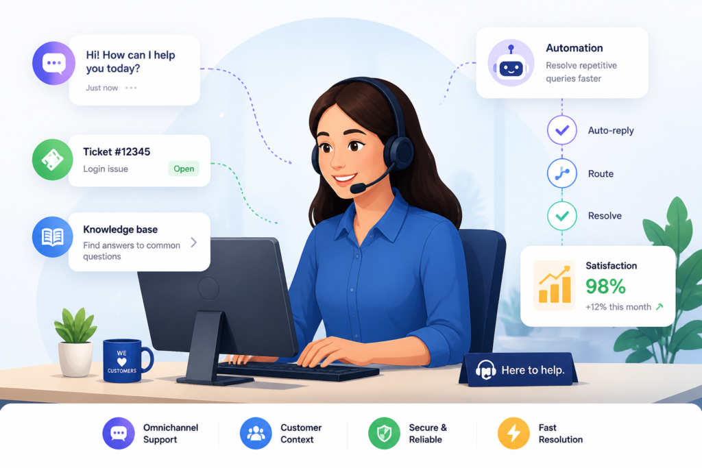 A professional illustration of a customer support agent with digital icons representing tickets and chat support tools, emphasizing helpdesk features.