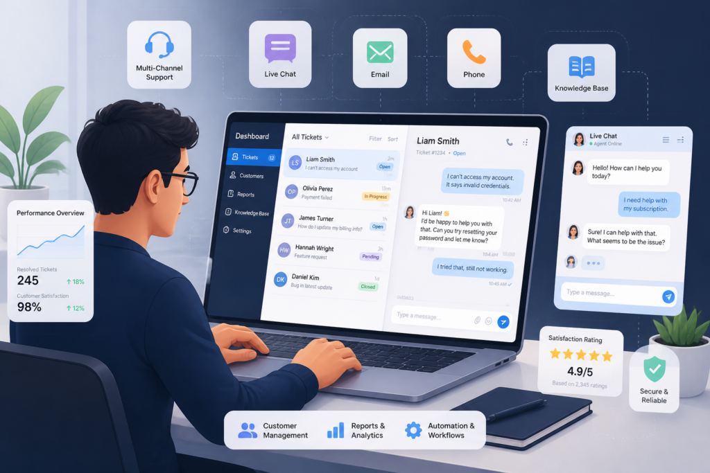 A professional illustration of a support agent managing customer inquiries on a laptop with chat and support icons around them.
