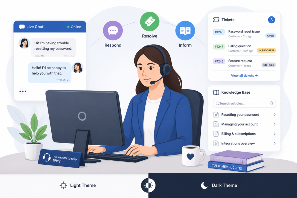 A professional support agent working at a desk with icons of chat, tickets, and knowledge base representing helpdesk support tools.