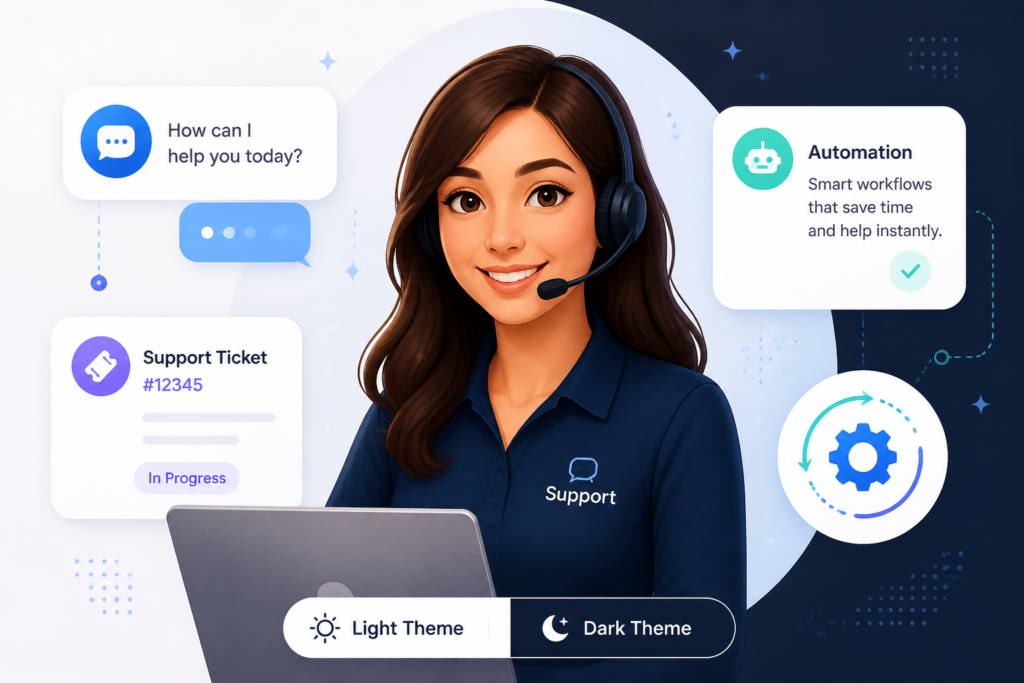 Illustration of a customer support agent with chat and ticket icons, symbolizing helpdesk support and improved customer service.
