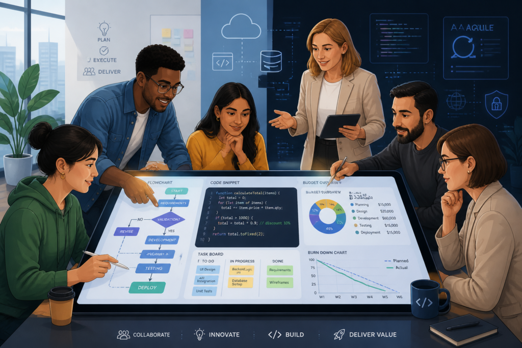 A team of developers and managers collaborating over digital charts and code, representing custom software development planning and budgeting.