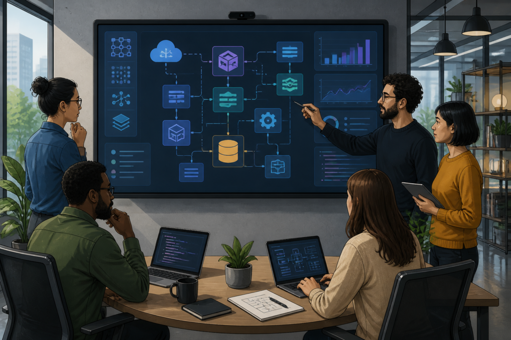 A team of developers collaborating over a digital screen with diagrams and icons representing software development and project complexity.