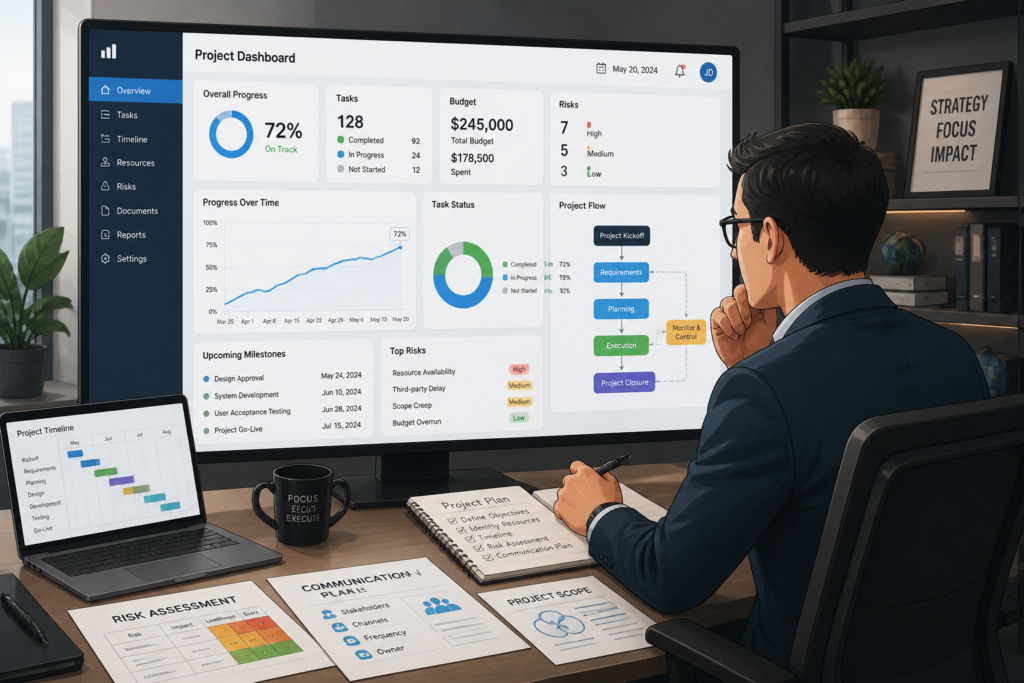 A professional analyzing digital project plans and data visualizations to represent planning and budgeting for custom software solutions.