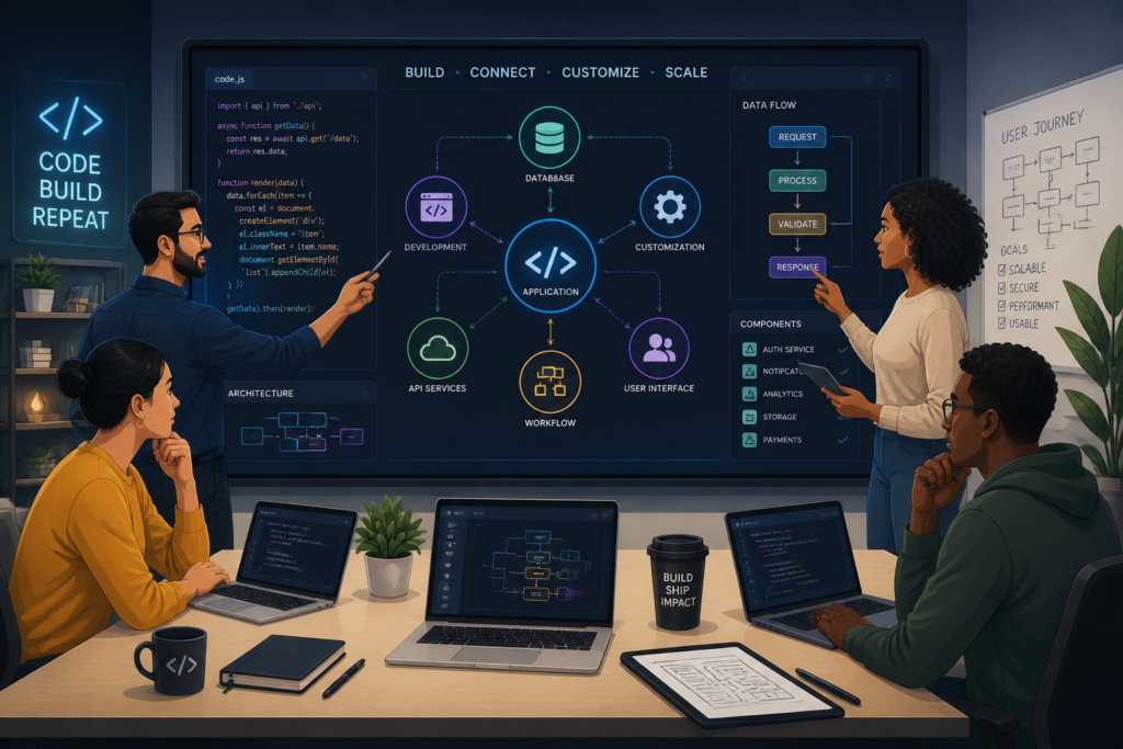 A professional illustration of a team collaborating on software development with digital screens and flowcharts in a modern workspace.