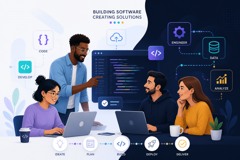 A team of developers collaborating on custom software development with coding icons and digital elements in a modern workspace.