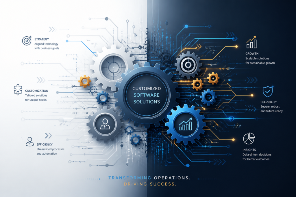 A sleek illustration of interconnected gears and digital circuits representing custom software transforming business processes in 2026.