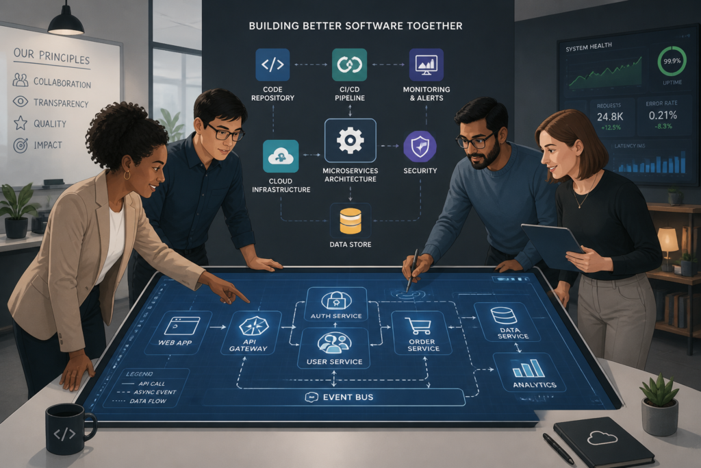 A professional team collaborating on a digital blueprint representing custom software development and key project drivers.