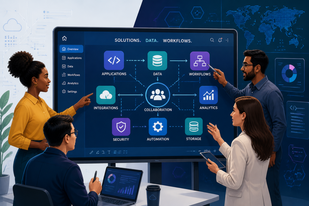 A team of professionals collaborating on a digital interface with icons symbolizing custom software development and business solutions.
