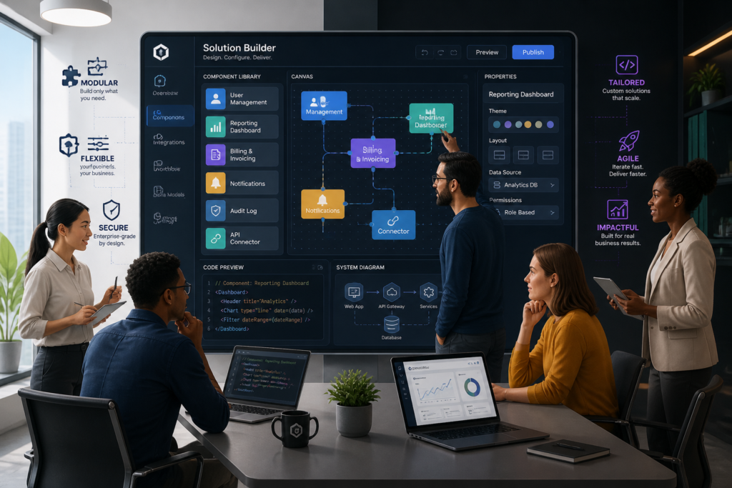 A team collaborating on designing customized software with gears and code icons representing tailored digital solutions, in a professional office setting.