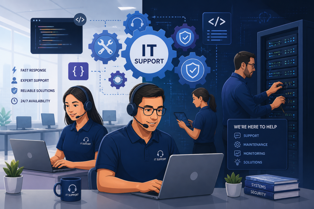 A professional IT support team managing complex software systems with interconnected gears and digital elements, illustrating support costs factors.