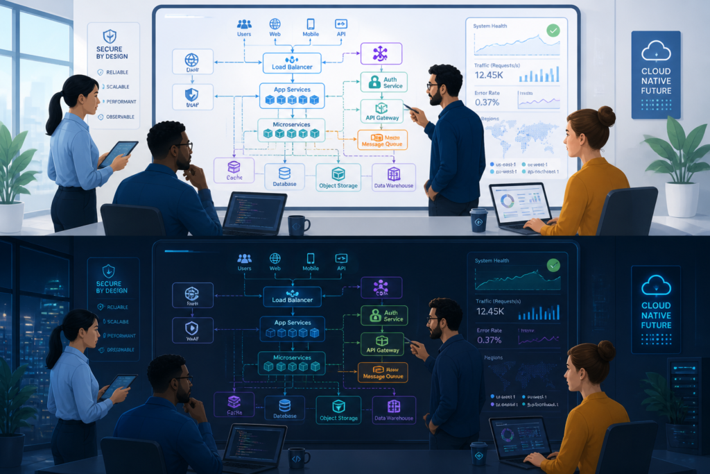 A team of IT experts reviewing a detailed digital network diagram representing complex software support systems.