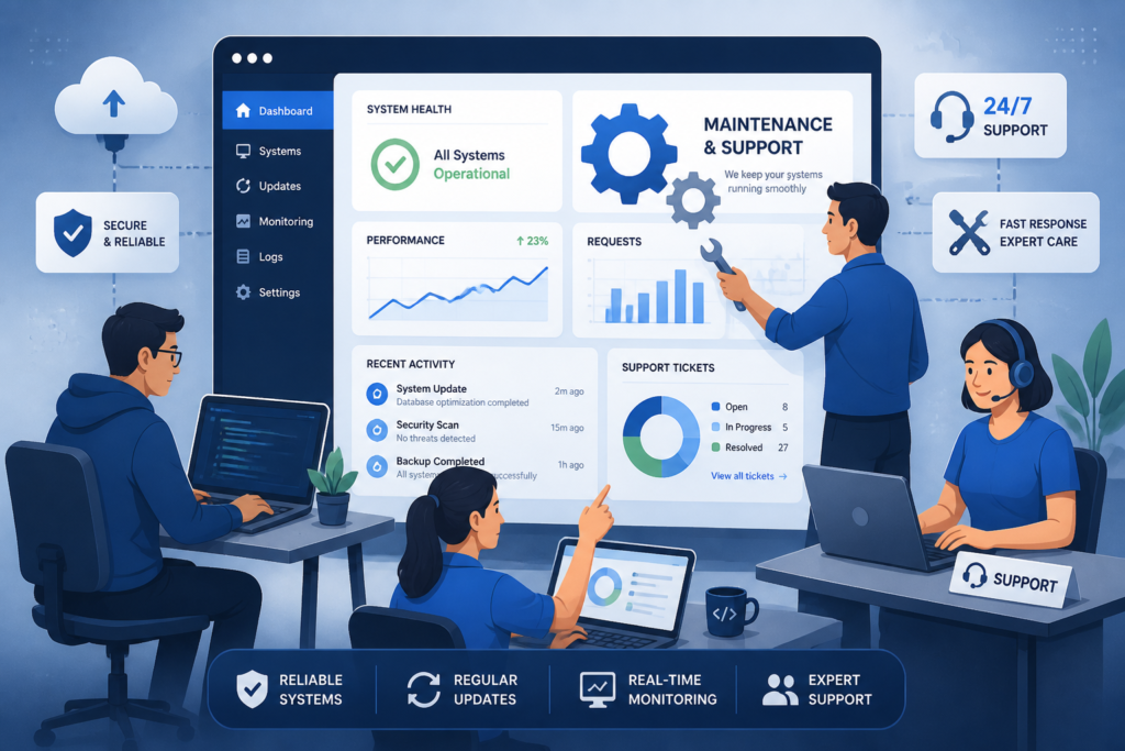 An illustration of IT professionals collaborating around digital tools representing software support and maintenance activities.