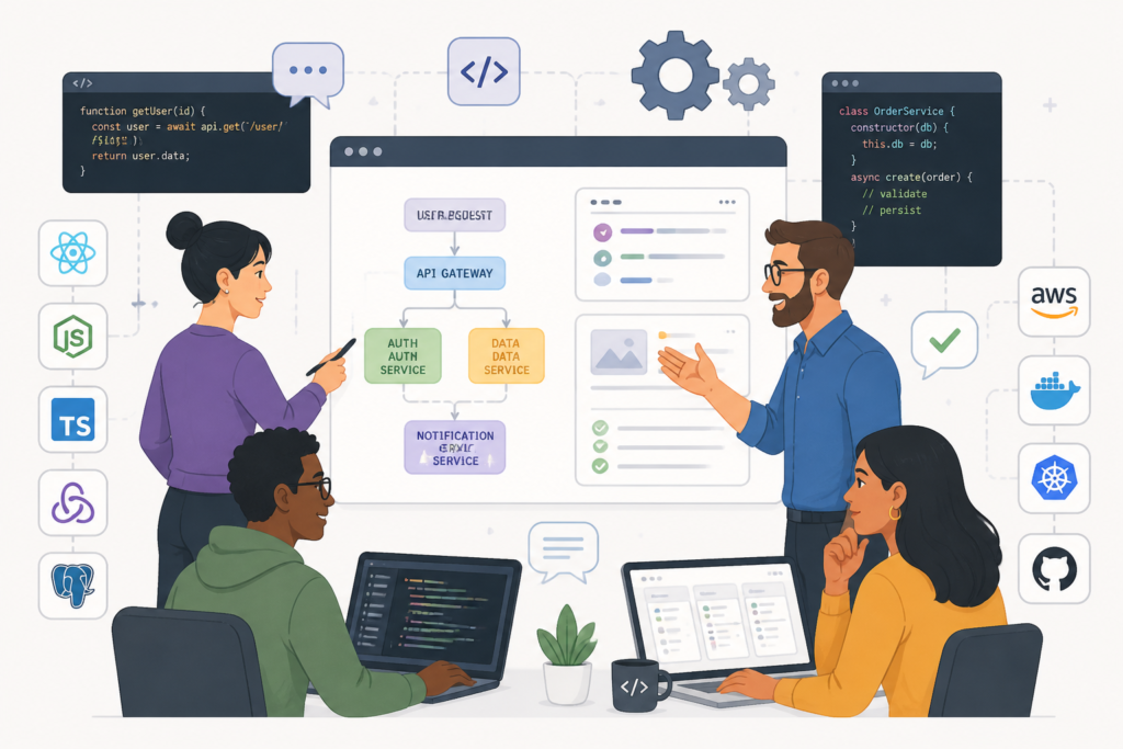 A team of developers working together with digital tools and code visuals, symbolizing software development factors without any text or logos.