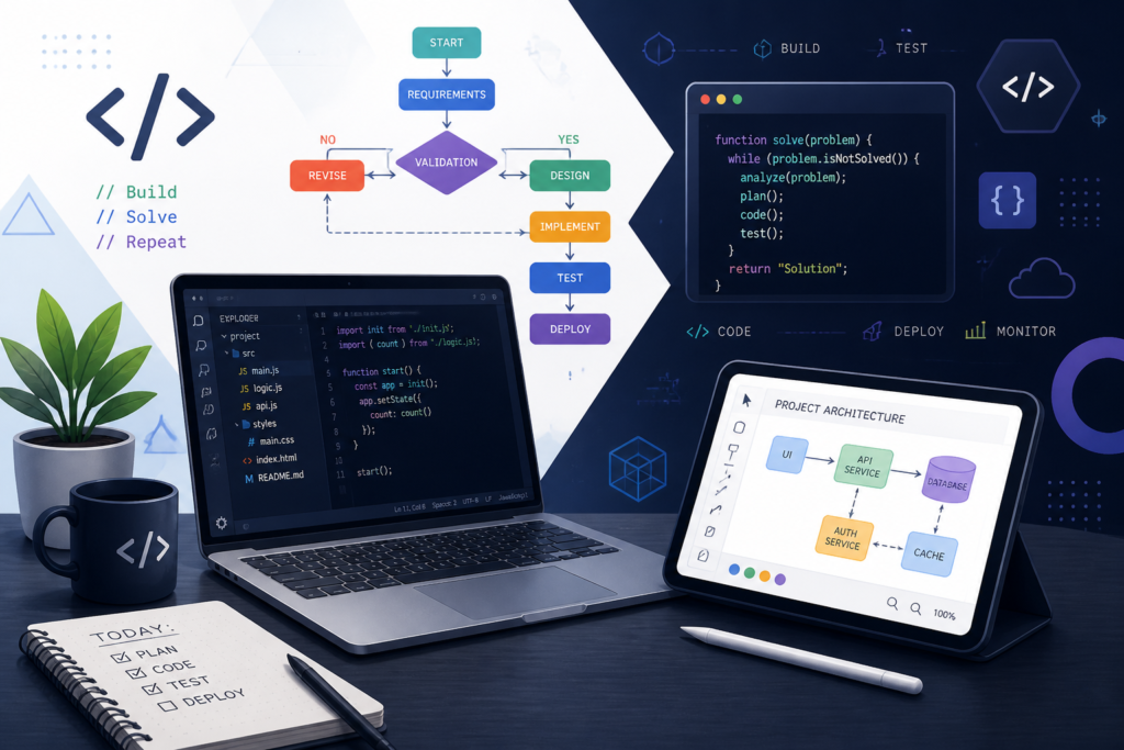 A modern workspace with coding tools, flowcharts, and digital devices representing custom software development planning.