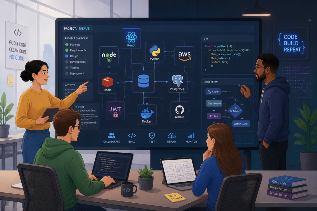 A team of developers working together with digital diagrams and technology icons representing custom software development factors.
