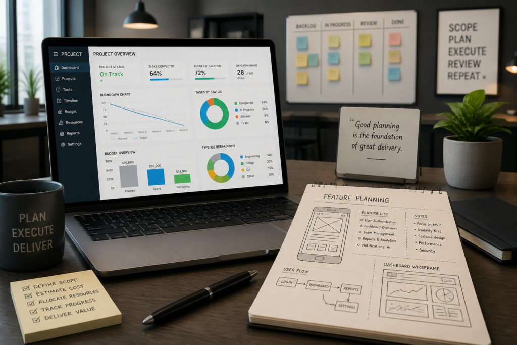 A professional workspace with charts, notes, and a laptop illustrating software project planning and budgeting concepts.