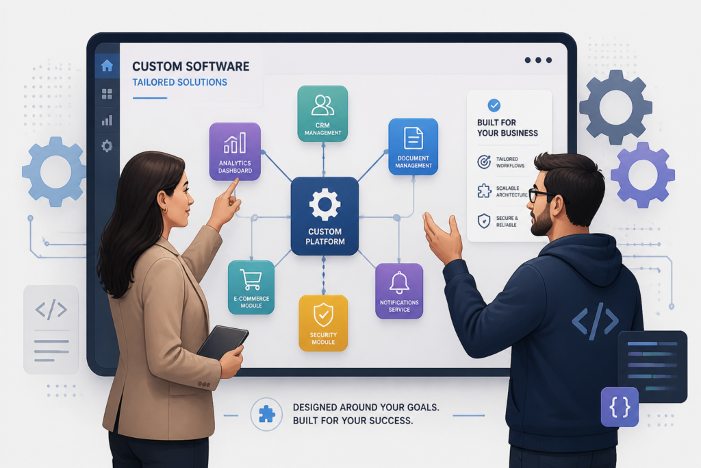 A professional collaborating with a developer over a digital interface showcasing interconnected software icons, representing custom software development.