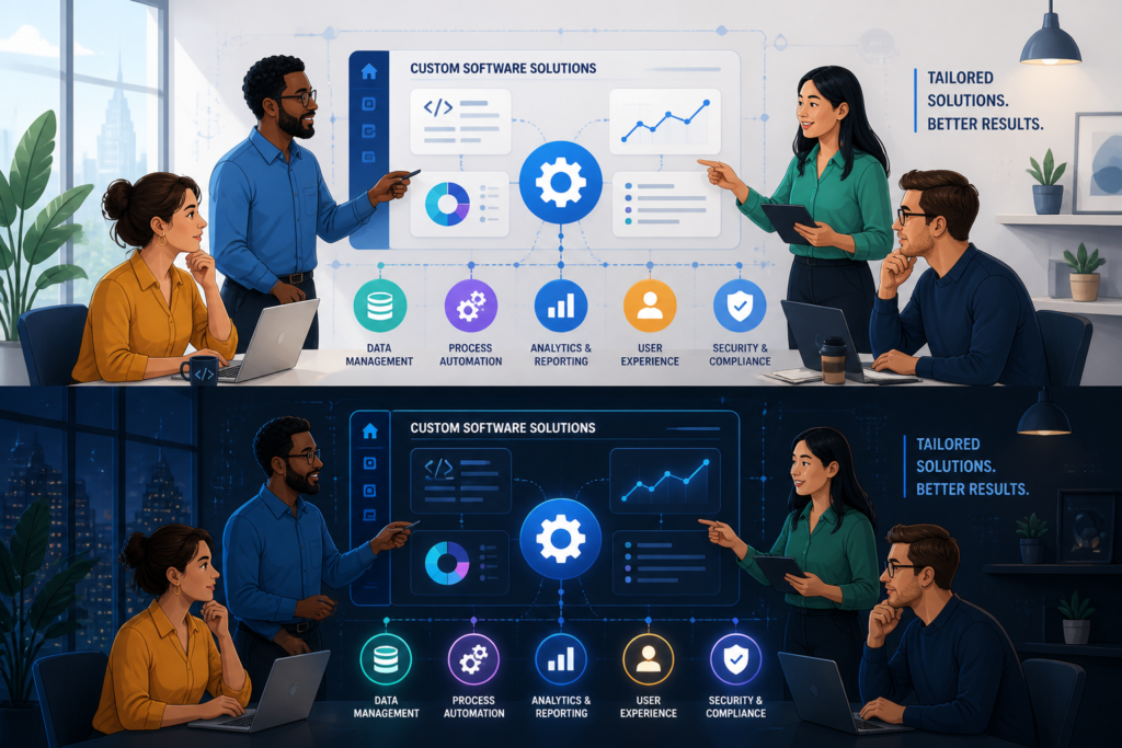 A team of professionals collaborating around a digital interface with icons representing data, gears, and analytics for custom software development.
