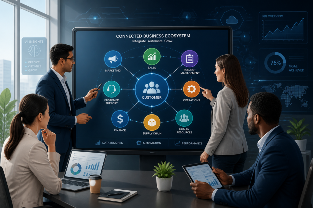 Illustration of business professionals collaborating around a digital touchscreen with interconnected icons symbolizing custom software solutions and workflow transformation.