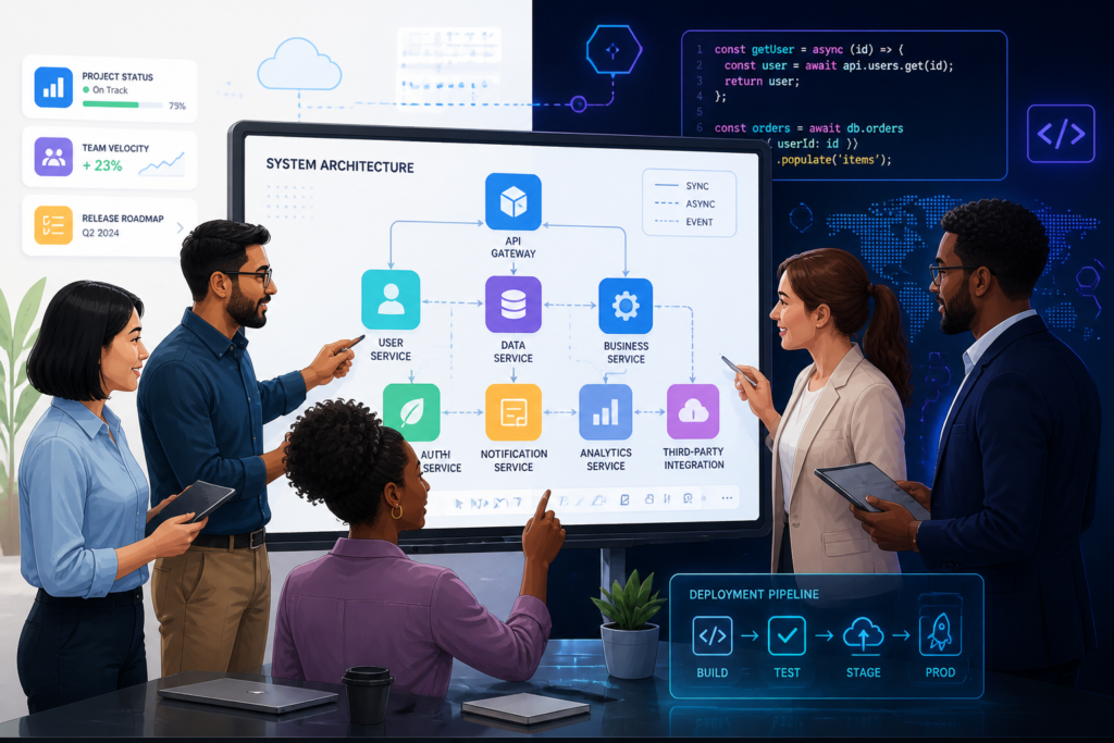 A team of developers and business professionals collaborating on a digital interface representing custom software development processes.