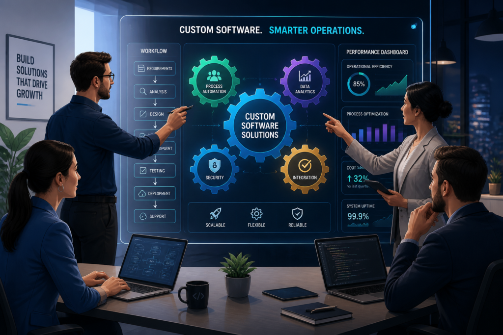 A professional team collaborating on digital interfaces with gears and charts representing custom software development for business efficiency.