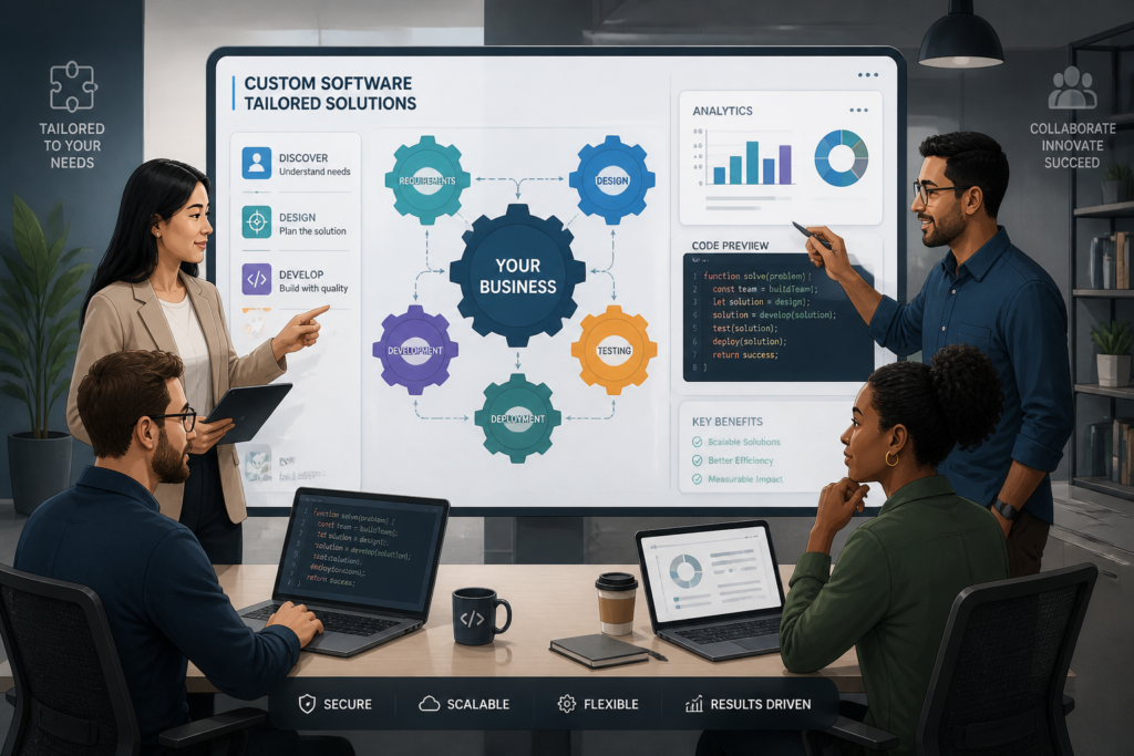 A professional team collaborating on custom software solutions, with gears and charts representing tailored business technology development.