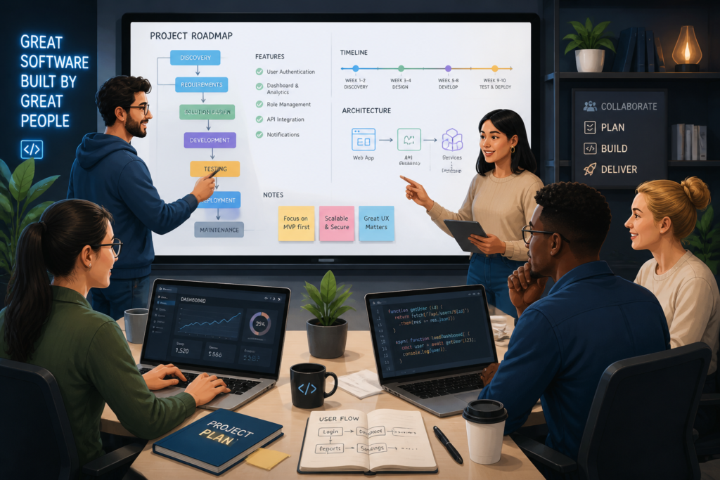 A team of developers collaborating on a digital workspace with flowcharts and code, representing strategic planning for custom software projects.