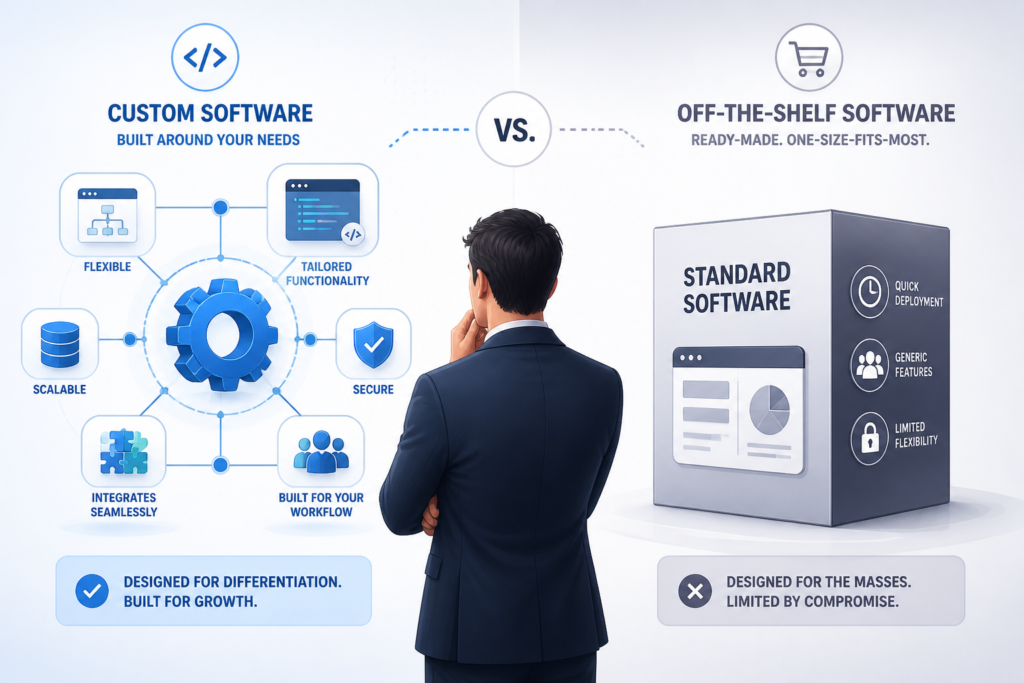 Illustration comparing custom software with off-the-shelf solutions through symbolic digital and packaged elements for business decision-making.