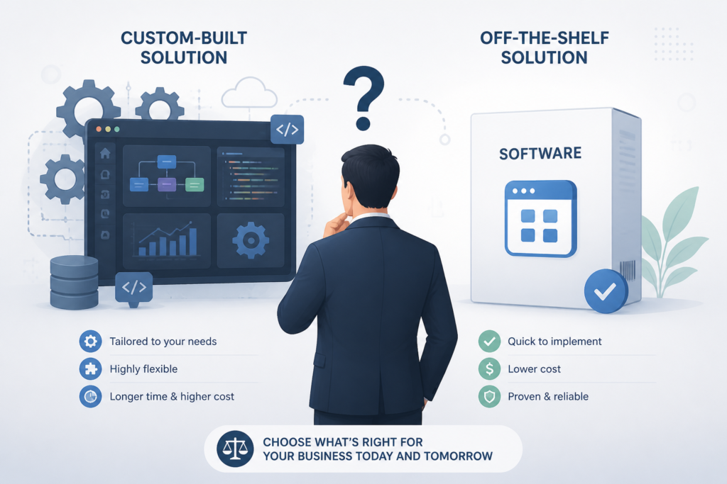 A professional comparing a custom software interface with a standard software package icon to illustrate choosing between tailored and ready-made solutions.