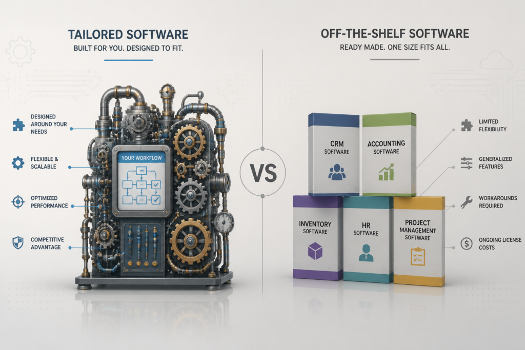 A split illustration comparing custom software with tailored components and off-the-shelf software packages with generic boxes, highlighting their differences.