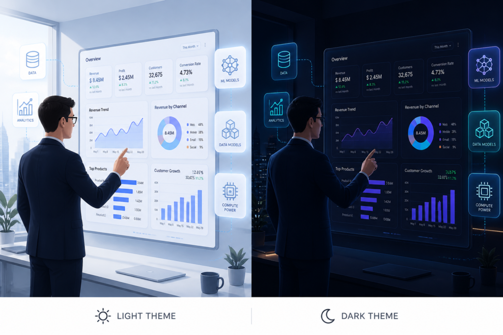 Business professional reviewing data and AI model icons on a digital screen in a modern office setting.