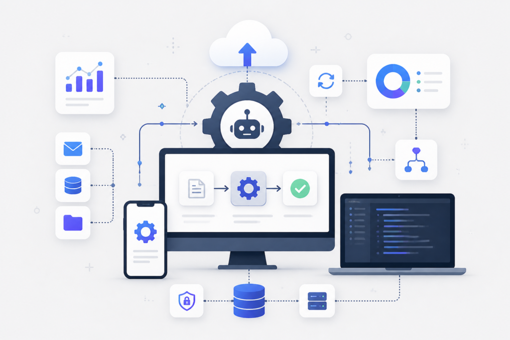 Illustration of interconnected digital tools and gears symbolizing business automation and streamlined workflows.