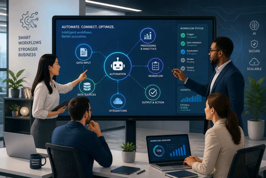 A professional illustration of a team collaborating around a digital touchscreen showing automation and workflow icons in a modern office setting.