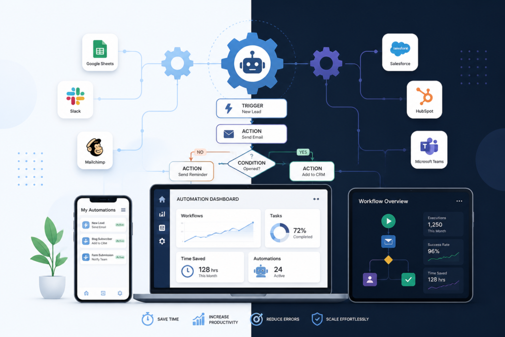 Illustration of interconnected devices and icons representing business automation and streamlined workflows.