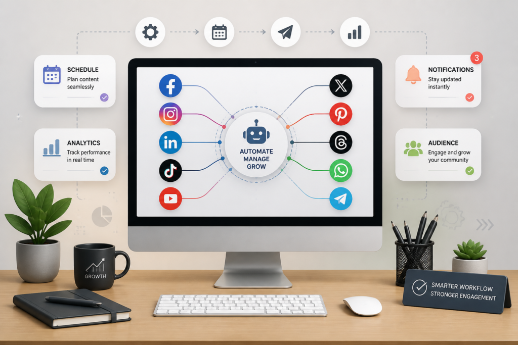 A professional illustration of social media icons connected through automation symbols on a workspace setup, representing social media automation tools.
