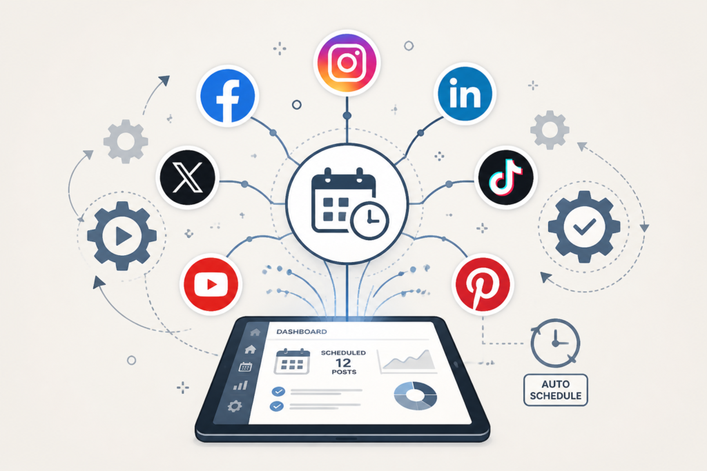 Illustration of interconnected social media icons with gears and arrows representing social automation and content scheduling.