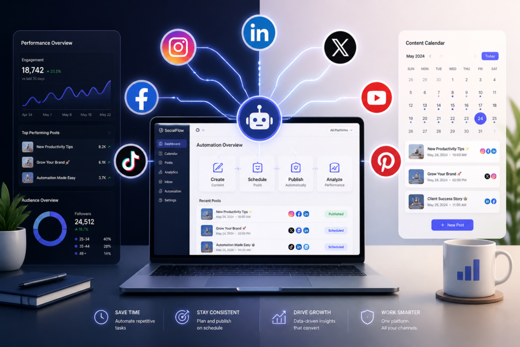 A digital illustration of a workspace with social media icons connected to a computer, representing automated social media management for WordPress.