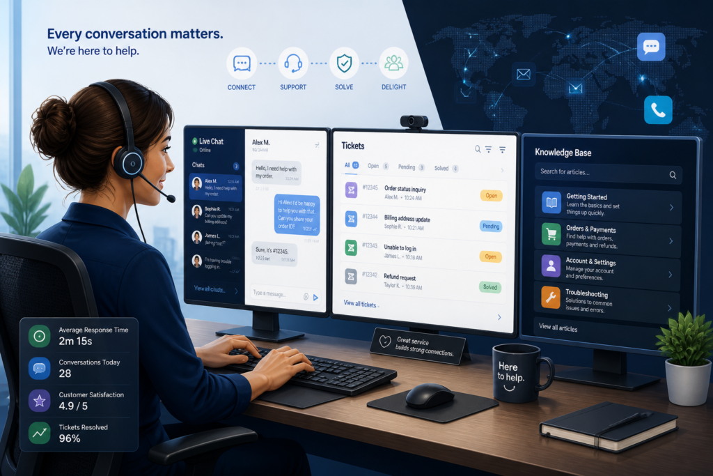 A professional support agent working with multiple digital tools on screens, symbolizing customer service and support automation for WordPress plugins.