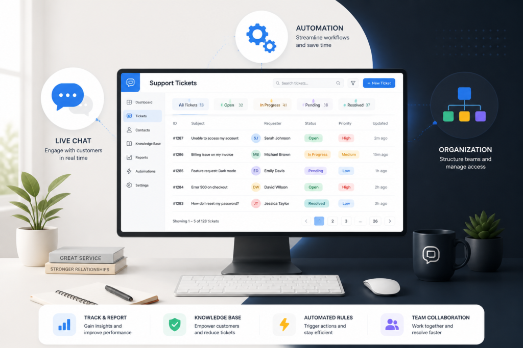 A professional illustration showing a support dashboard with chat, automation, and organization icons to represent customer support tools.
