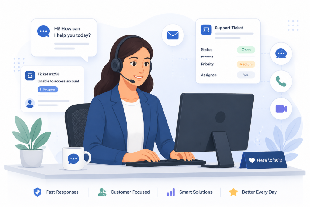 A professional support agent at a desk with communication icons like chat bubbles and tickets, symbolizing customer support and plugin functionality.