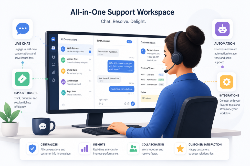 Illustration of a support agent managing customer inquiries with chat, tickets, and automation icons on a sleek digital workspace.