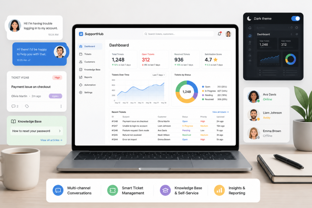 A professional workspace featuring a laptop with a support dashboard, chat bubbles, and customer icons representing customer support tools.