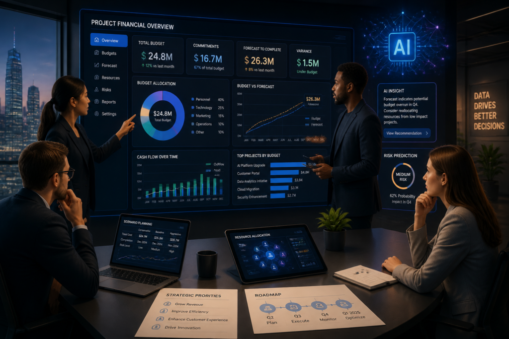 A team collaborating around a digital dashboard with charts and AI elements, representing effective budgeting for a software project.
