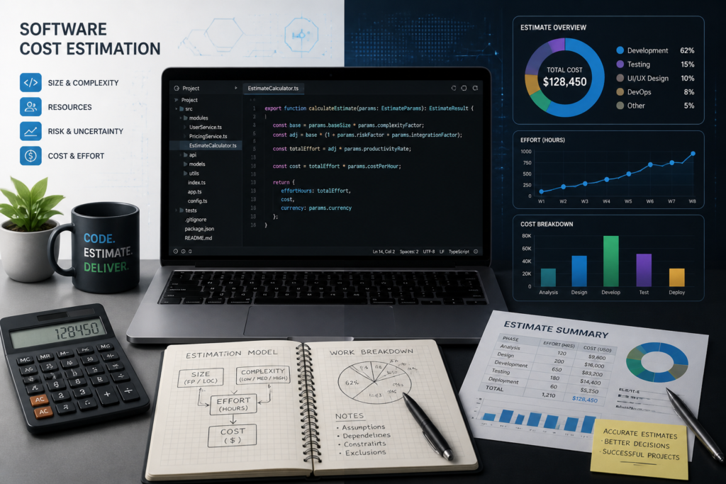 A professional illustration of a workspace with tools and charts representing custom software cost estimation.