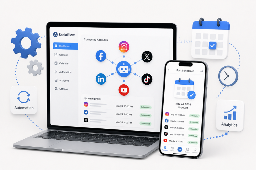Illustration of a laptop and smartphone connected with social media icons, gears, and calendar symbols symbolizing Instagram post automation.