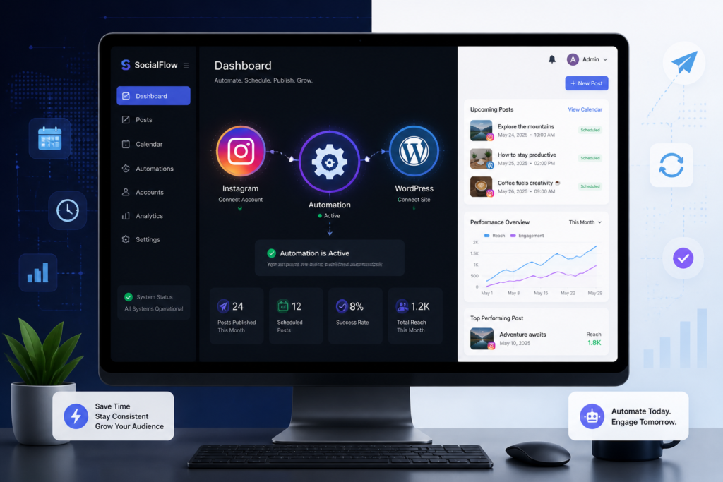 A modern illustration showing a computer dashboard with Instagram, WordPress icons, and automation gears representing social media auto posting.